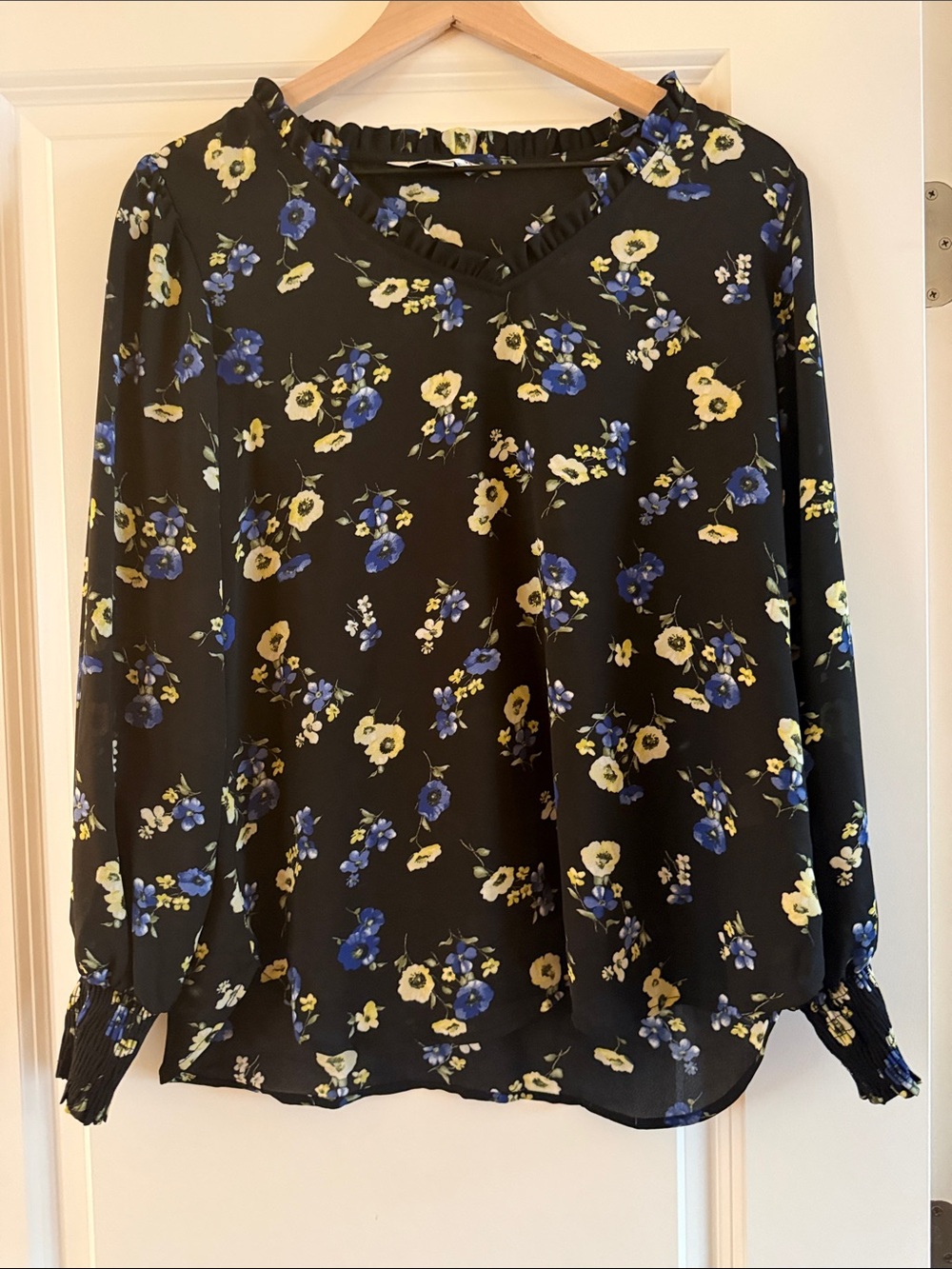 Counterparts Black V-Neck Floral Blouse with Blue and Yellow Blooms